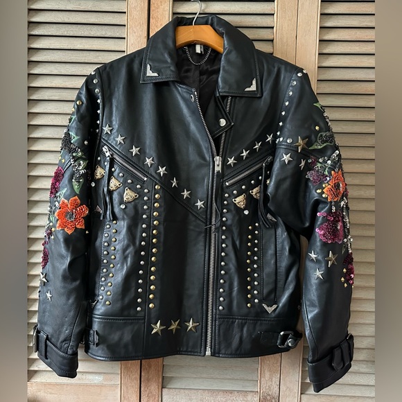 Topshop real leather biker bomber jacket black multi sequin floral studs $560 6 - Picture 5 of 16